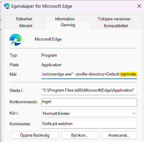 Alltid Inprivate i Microsoft Edge